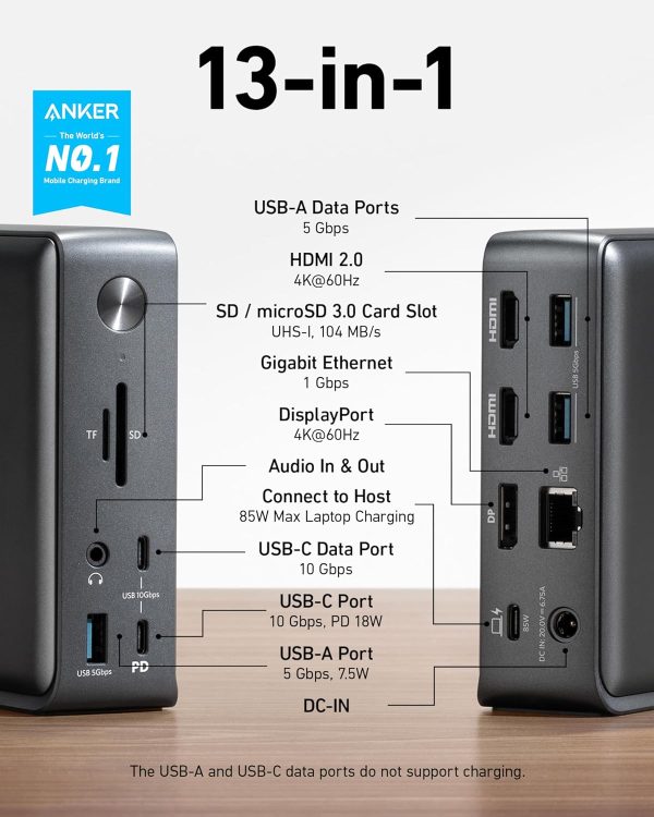 Anker Docking Station, Anker 575 USB-C Docking Station (13-in-1), Triple Display, 4K HDMI, 10 Gbps USB-C and 5 Gbps USB-A Data, 85W Charging for Laptop, 18W Charging for Phone, Ethernet, Audio, SD 3.0 - Image 2