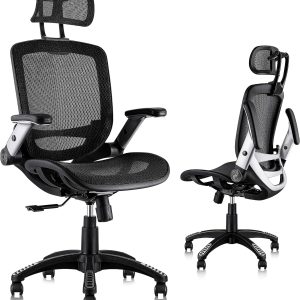 GABRYLLY Ergonomic Office Chair, High Back Home Desk Chair with Headrest, Flip-Up Arms, 90-120° Tilt Lock and Wide Cushion, Big and Tall Mesh Chairs for Man Woman, Black Task Chair