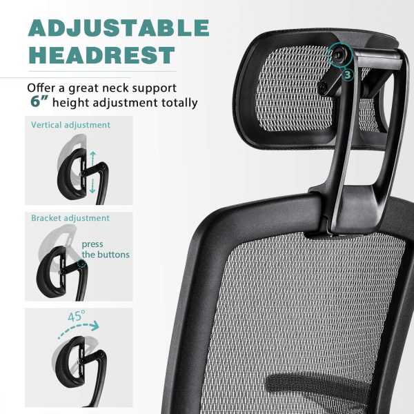 GABRYLLY Ergonomic Office Chair, High Back Home Desk Chair with Headrest, Flip-Up Arms, 90-120° Tilt Lock and Wide Cushion, Big and Tall Mesh Chairs for Man Woman, Black Task Chair - Image 4