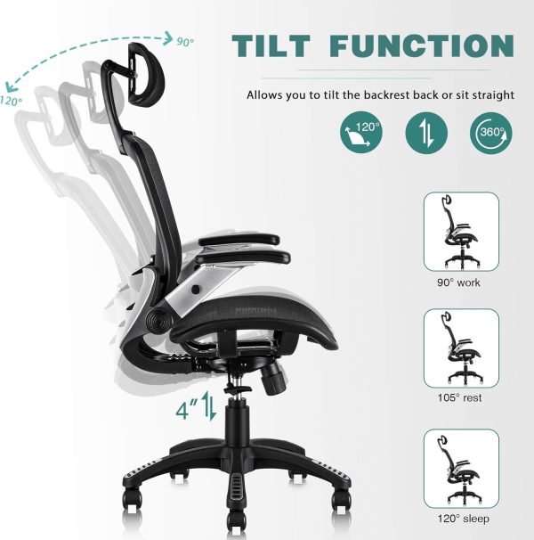 GABRYLLY Ergonomic Office Chair, High Back Home Desk Chair with Headrest, Flip-Up Arms, 90-120° Tilt Lock and Wide Cushion, Big and Tall Mesh Chairs for Man Woman, Black Task Chair - Image 5