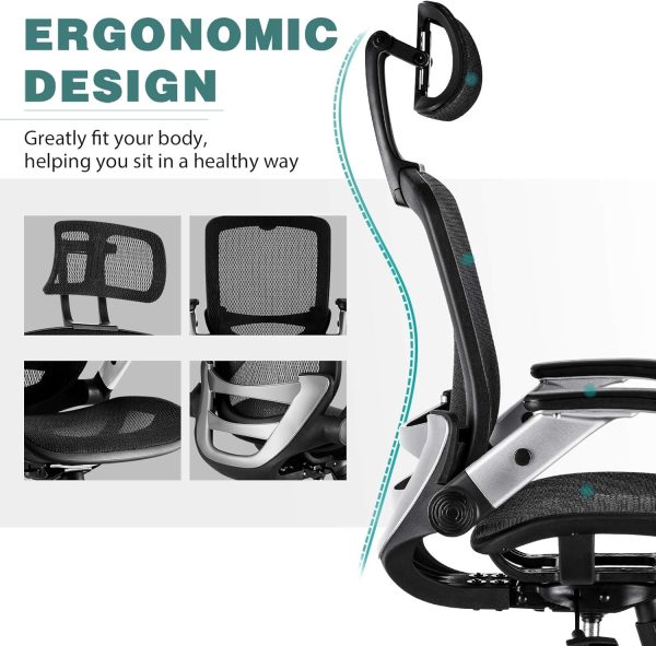 GABRYLLY Ergonomic Office Chair, High Back Home Desk Chair with Headrest, Flip-Up Arms, 90-120° Tilt Lock and Wide Cushion, Big and Tall Mesh Chairs for Man Woman, Black Task Chair - Image 6
