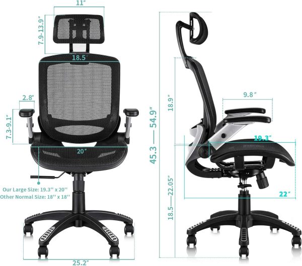 GABRYLLY Ergonomic Office Chair, High Back Home Desk Chair with Headrest, Flip-Up Arms, 90-120° Tilt Lock and Wide Cushion, Big and Tall Mesh Chairs for Man Woman, Black Task Chair - Image 7
