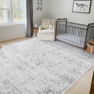 LIVEBOX Washable Area Rug 8x10 Large Boho Living Room Rug Vintage Grey Rug for Bedroom, Non-Slip Retro Floral Carpet Print Distressed Accent Rug for Dining Room Guest Room Office