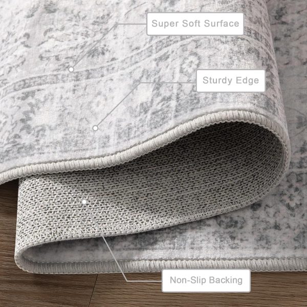 LIVEBOX Washable Area Rug 8x10 Large Boho Living Room Rug Vintage Grey Rug for Bedroom, Non-Slip Retro Floral Carpet Print Distressed Accent Rug for Dining Room Guest Room Office - Image 3