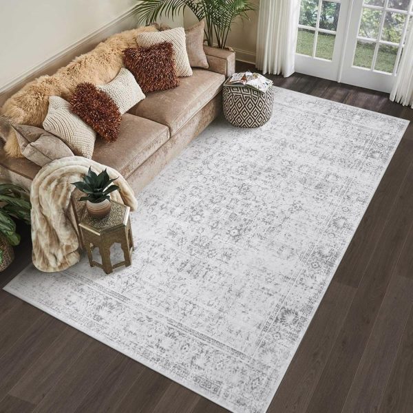 LIVEBOX Washable Area Rug 8x10 Large Boho Living Room Rug Vintage Grey Rug for Bedroom, Non-Slip Retro Floral Carpet Print Distressed Accent Rug for Dining Room Guest Room Office - Image 6