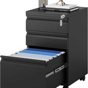 MIIIKO File Cabinet 3 Drawers on Wheels Under Desk, Black Metal Rolling File Cabinets with Lock for Home Office, Un-Assembled Filing Cabinet with Lock