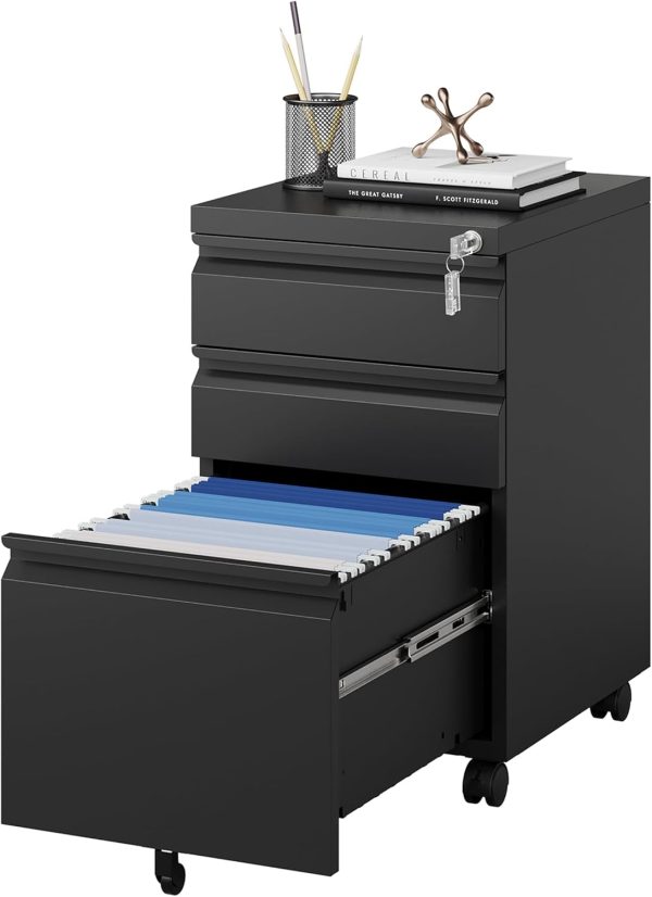 MIIIKO File Cabinet 3 Drawers on Wheels Under Desk, Black Metal Rolling File Cabinets with Lock for Home Office, Un-Assembled Filing Cabinet with Lock