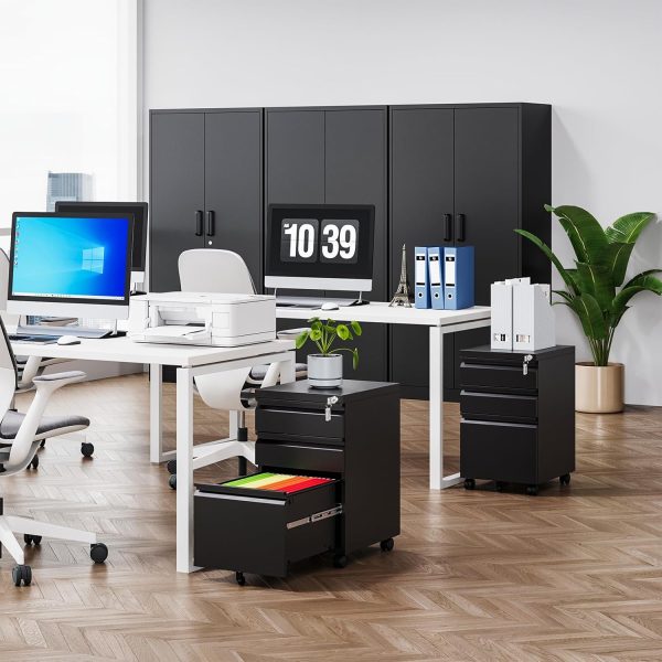 MIIIKO File Cabinet 3 Drawers on Wheels Under Desk, Black Metal Rolling File Cabinets with Lock for Home Office, Un-Assembled Filing Cabinet with Lock - Image 2
