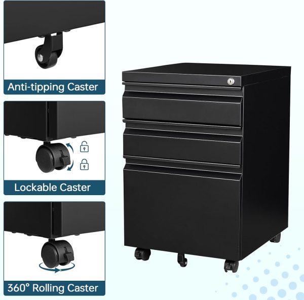 MIIIKO File Cabinet 3 Drawers on Wheels Under Desk, Black Metal Rolling File Cabinets with Lock for Home Office, Un-Assembled Filing Cabinet with Lock - Image 4