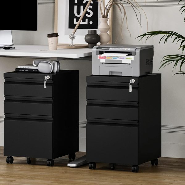 MIIIKO File Cabinet 3 Drawers on Wheels Under Desk, Black Metal Rolling File Cabinets with Lock for Home Office, Un-Assembled Filing Cabinet with Lock - Image 6