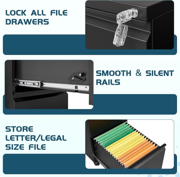 MIIIKO File Cabinet 3 Drawers on Wheels Under Desk, Black Metal Rolling File Cabinets with Lock for Home Office, Un-Assembled Filing Cabinet with Lock - Image 7