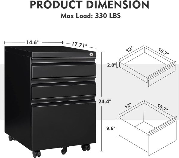 MIIIKO File Cabinet 3 Drawers on Wheels Under Desk, Black Metal Rolling File Cabinets with Lock for Home Office, Un-Assembled Filing Cabinet with Lock - Image 8