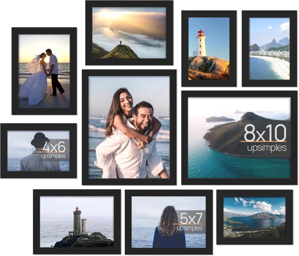 upsimples 10 Pack Picture Frames Set, Gallery Wall Frame Set for Wall Mounting or Tabletop Display, Multi Sizes Including 8x10, 5x7, 4x6 Family Photo Collage Frames for Wall Decor, Black